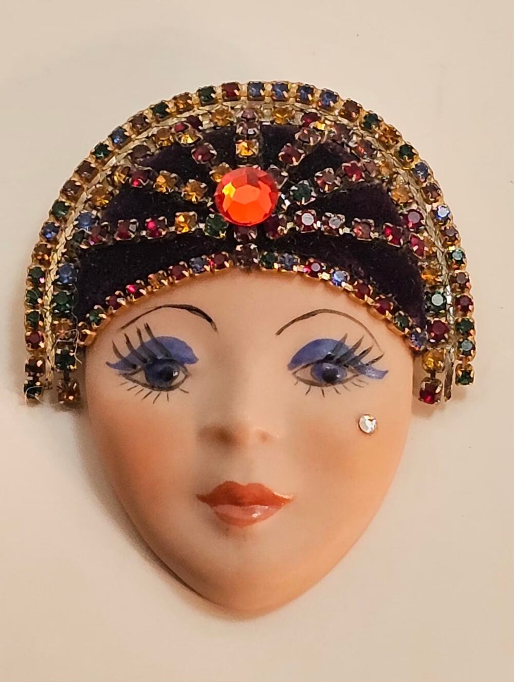 Vntg Porcelain Flapper Face Brooch Multi-Color Rhinestone Headdress Roaring 20s